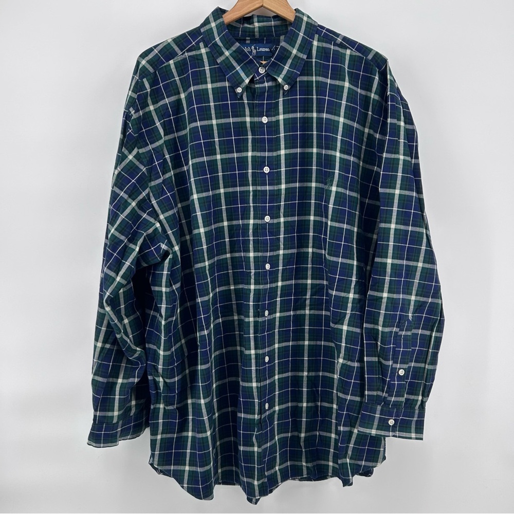 Ralph Lauren Shirt Mens 2XB Blue Green Plaid Big Cotton Casual Pony Stretch